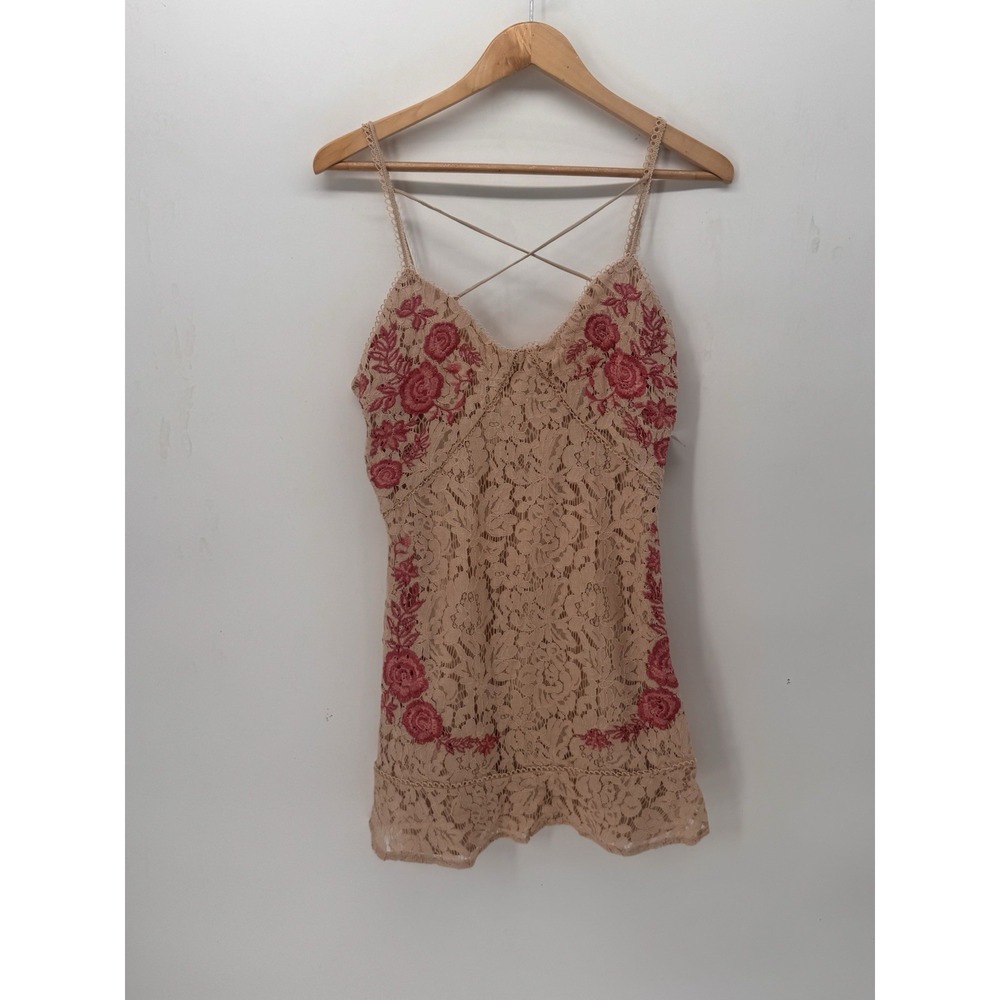 Tobi Small Lace Dress Floral Embroidered Criss Cross Back Boho Pink Nude